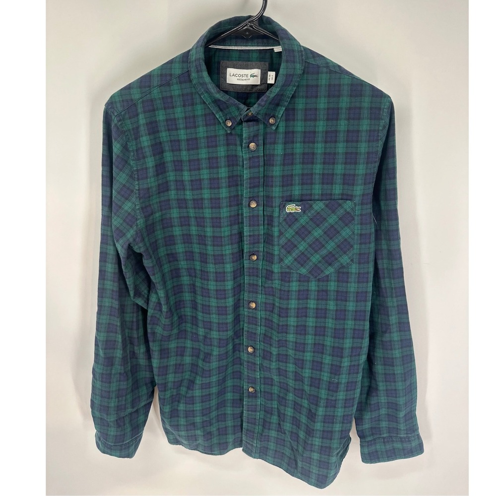 Lacoste Men's Small Regular‎ Fit Long Sleeve Button Up Shirt Green Blue Plaid